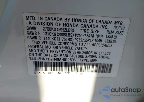 2010 Acura Mdx Technology Package z USA, uszkodzony, nr VIN 2HNYD2H49AH511806